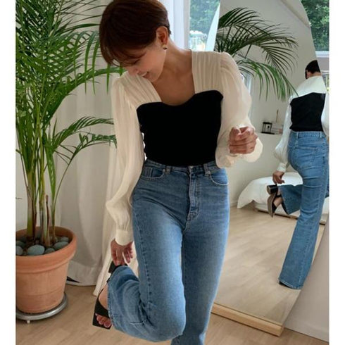 【&soiree】切替しニットプリーツシフォンブラウス