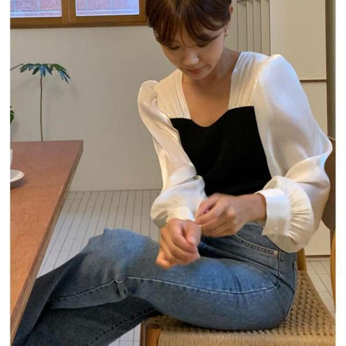 【&soiree】切替しニットプリーツシフォンブラウス