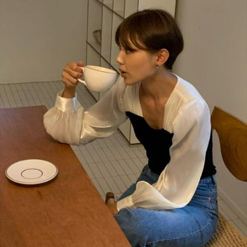 【&soiree】切替しニットプリーツシフォンブラウス