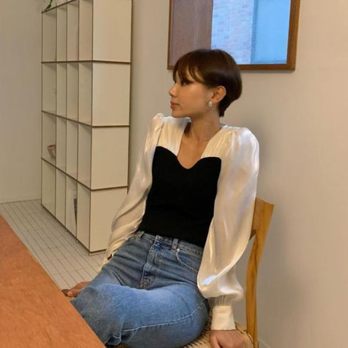 【&soiree】切替しニットプリーツシフォンブラウス