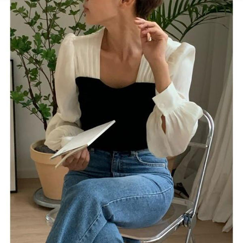 【&soiree】切替しニットプリーツシフォンブラウス