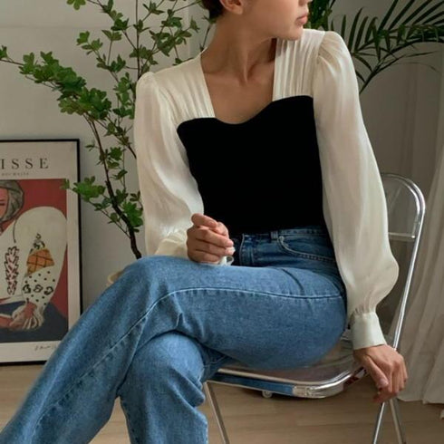 【&soiree】切替しニットプリーツシフォンブラウス