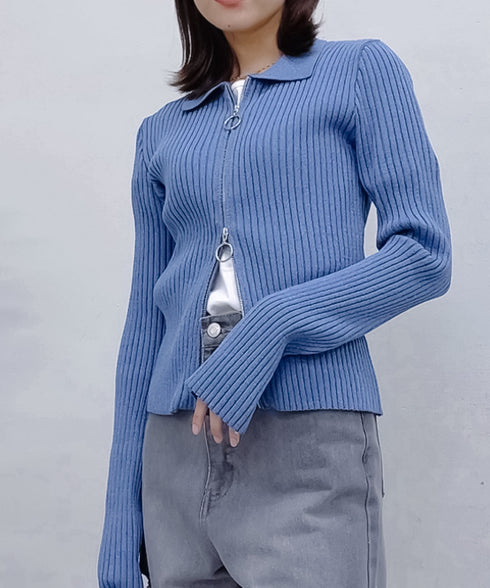 【&soiree】Wジップ襟付き長袖リブニットトップス