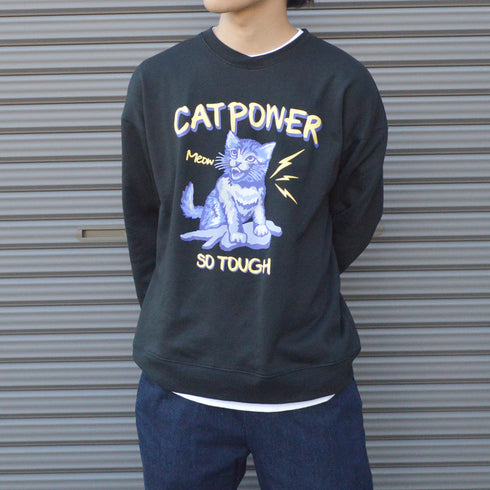 【MODISH GAZE】裏毛 クルーネック 長袖 スウェット CAT POWER