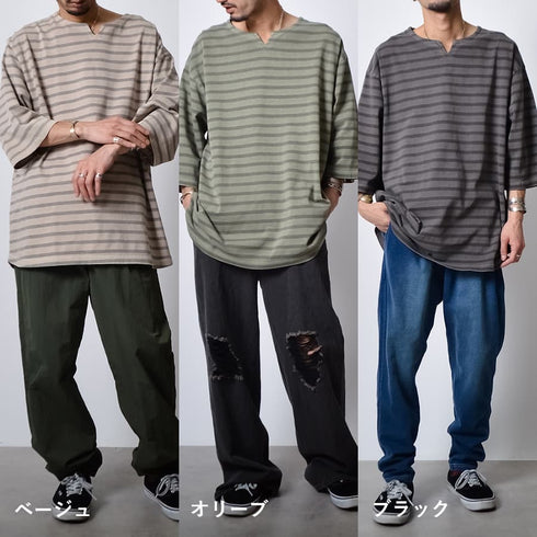 ピグメントオーバーダイ ボーダー キーネックTシャツ