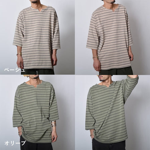 ピグメントオーバーダイ ボーダー キーネックTシャツ