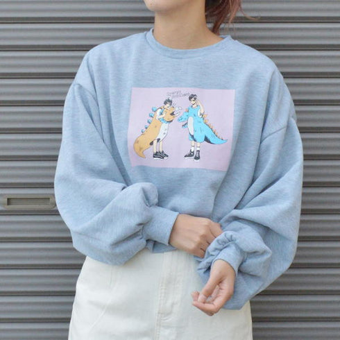 【spiritoso】怪獣カップルプリントクロップド裏起毛トップス