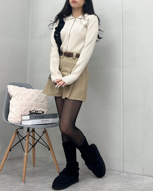 【＆soiree】Wジップ襟付き長袖リブニットトップス