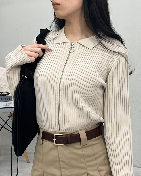 【＆soiree】Wジップ襟付き長袖リブニットトップス